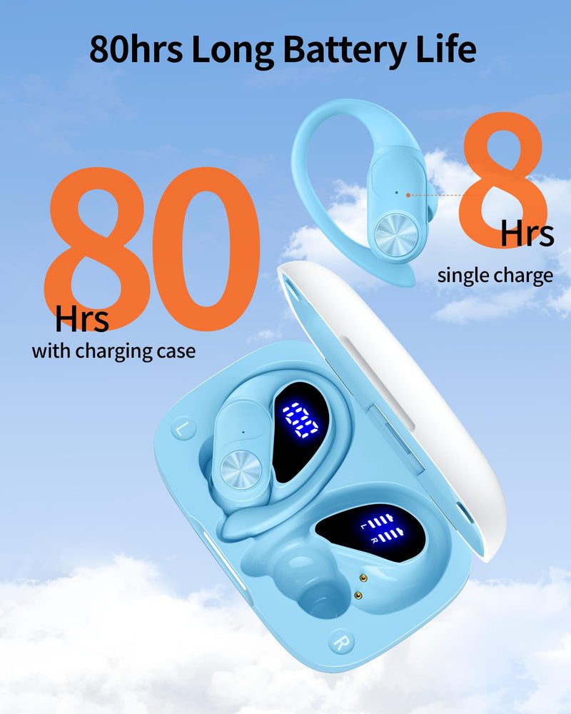 2 Sets Bluetooth Headphones Wireless Earbuds 80hrs Playtime Wireless Charging Case Sports Ear buds with Earhook Premium Deep Bass IPX7 Waterproof Over-Ear Earphones for TV Phone Laptop White and Blue