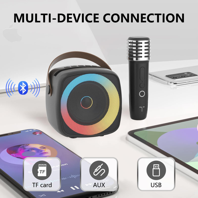 Karaoke Machine 2 Microphones for Home Party with Phone Holder, Wireless Portable Bluetooth Speaker with Dynamic Lights for Kids Adults Mini Voice Changer Mic Speaker Set for Halloween Christmas Girls Black