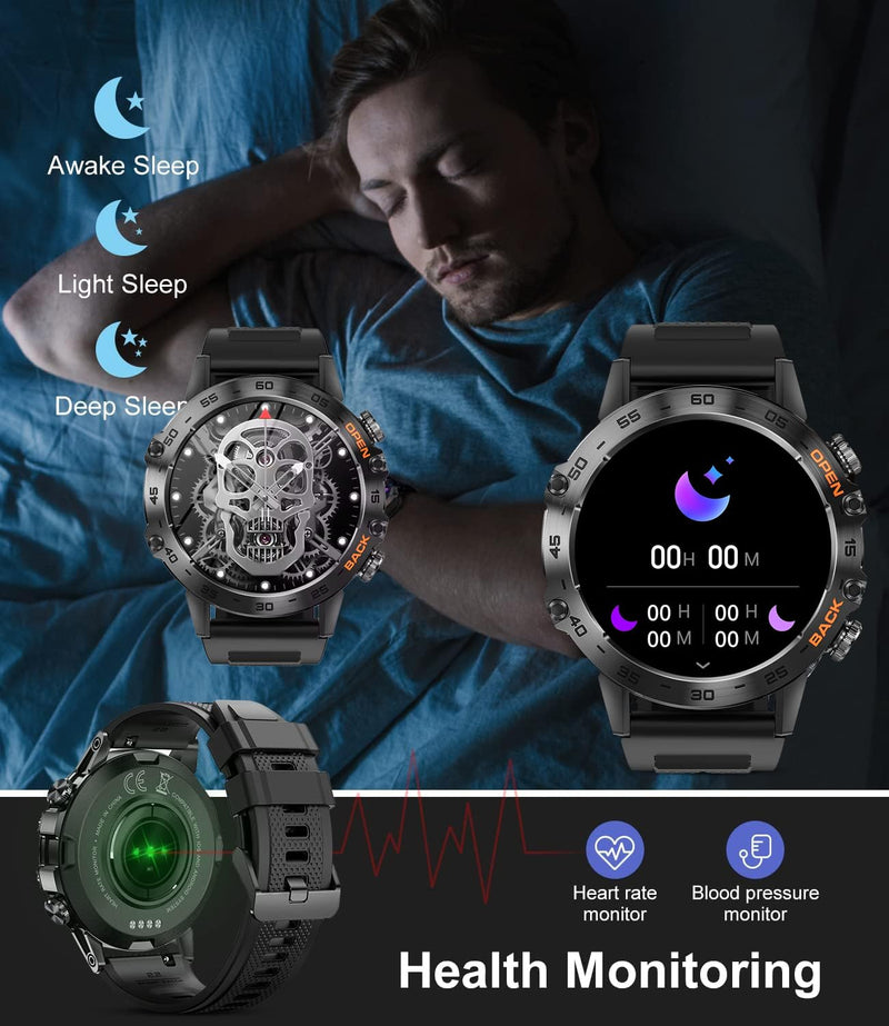 Mens Military Smartwatch Bluetooth Answer/Make Call for Android iOS Phone Long BTRY 1.39" Outdoor Sports Activity Fitness Tracker Orange Silicone Strap Music Smartwatches Health Monitor (Orange) Orange band, Silver Body