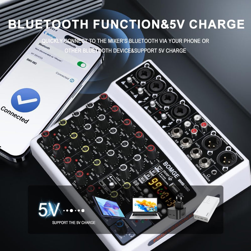 BOMGE 6 Channel Audio Sound Mixer - Professional Digital DJ Mixing Console for Live Streaming, Karaoke and Stereo Recording - With PC Computer Record Playback/Bluetooth/MP3/USB/48V /99 DSP White