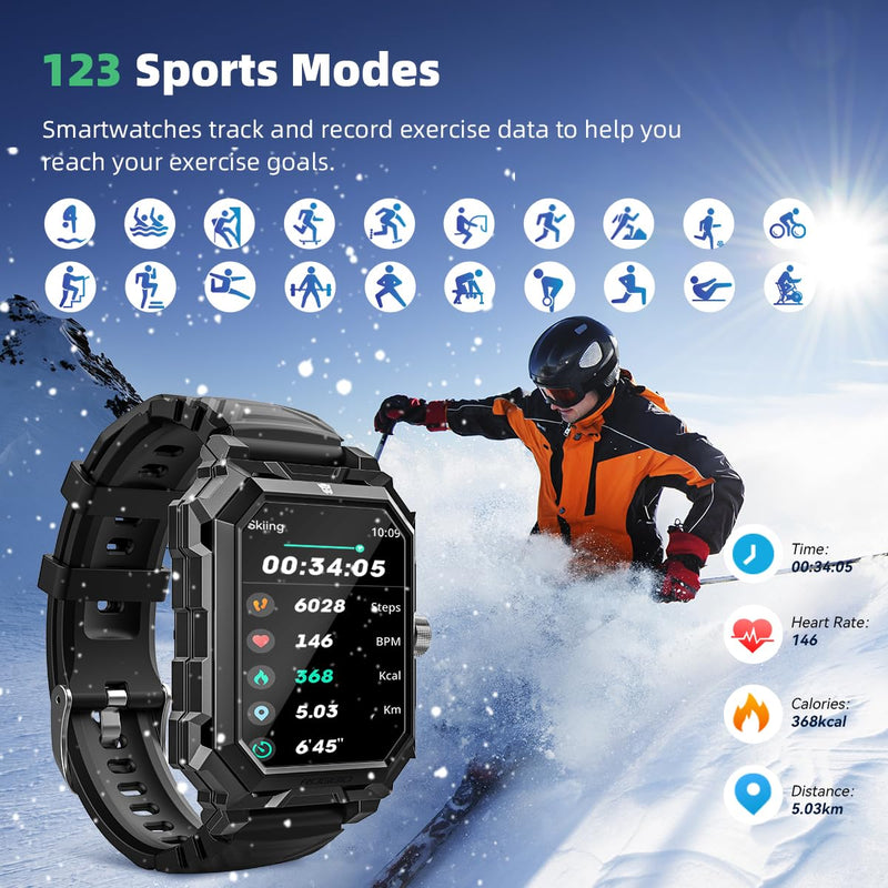 Rogbid Military Smart Watch for Men | Answer/Dial Call, 680mAh Battery, IP69 Waterproof, Blood Pressure Heart Rate, Android Phones Compatible, Fitness Tracker Decepticon-Black