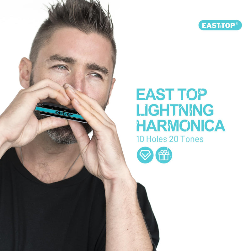 [AUSTRALIA] - East top Lightning Harmonica, Advanced Diatonic Harmonica Key of C, 10 Holes Mouth Organ Harmonica with Silver Cover, Blues Harmonicas For Adults, Professionals and Students silver-C 
