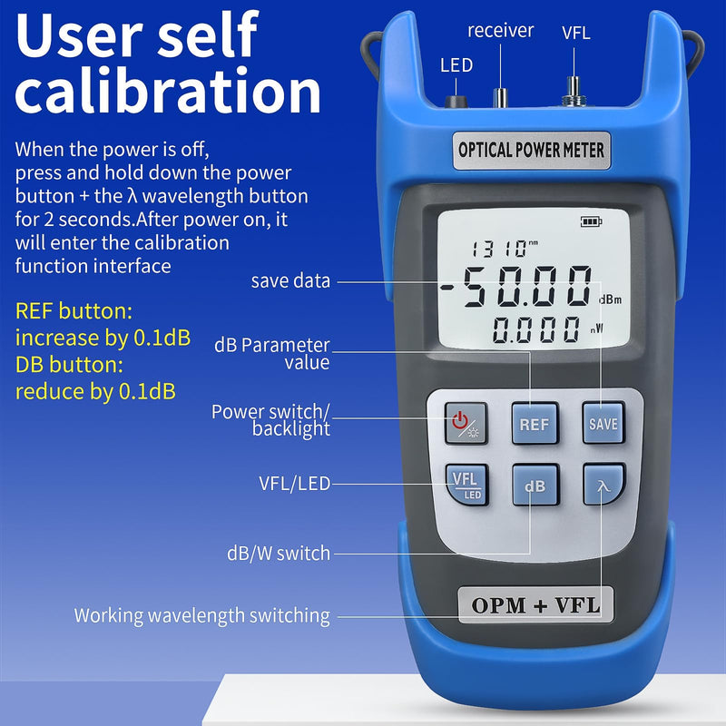 Rechargeable Optical Power Meter A-C510B (-50~+26dBm) Fiber Optic Tester, Optical Power 15 All-in-one Machine, Suitable for SC/FC/ST/LC 2.5mm/1.25mm Interface, with 1 9/125um FC-LC Adapter OPM-VFL15KM