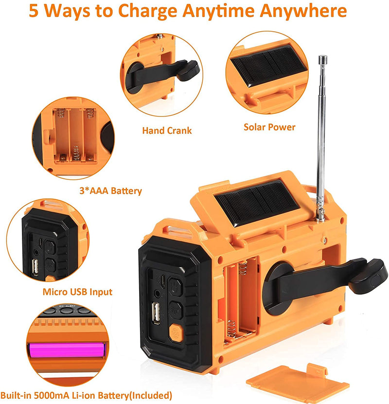 [AUSTRALIA] - Emergency Weather Radio with AM/FM/NOAA/SW,5000mAh Alert SOS Survival Portable Radio,5 Ways Powered Solar Hand Crank Radio with Cellphone Charger, Flashlight, Reading Lamp, Headphone Jack for Outdoor 