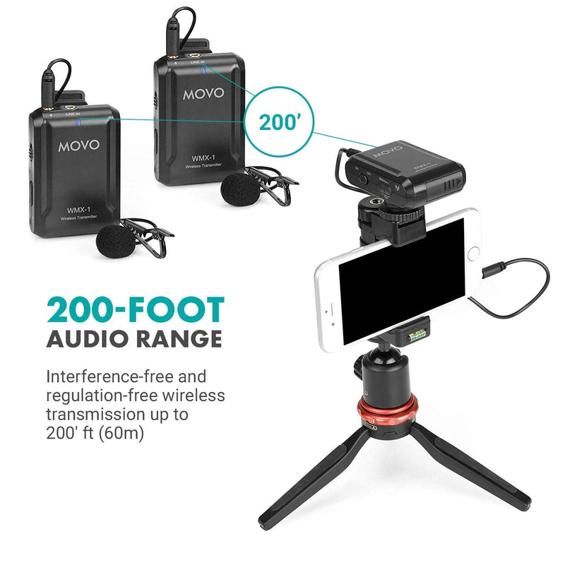 Movo WMX-1-DUO 2.4GHz Dual Wireless Lavalier Microphone System, Compatible with DSLR Cameras, Camcorders, iPhone, Android Smartphones, and Tablets, 200ft Audio Range, Great for Teaching Tutorials 2 Transmitters