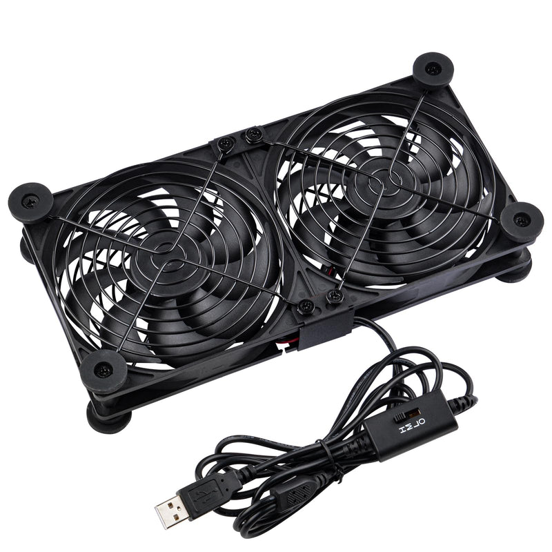 Quiet Dual 120mm Router Fan Cooler with L/M/H 3-Degree Speed Controller, DC 5V USB Powered Cooling Case Fan for Router Modem Receiver DVR PlayStation TV Box