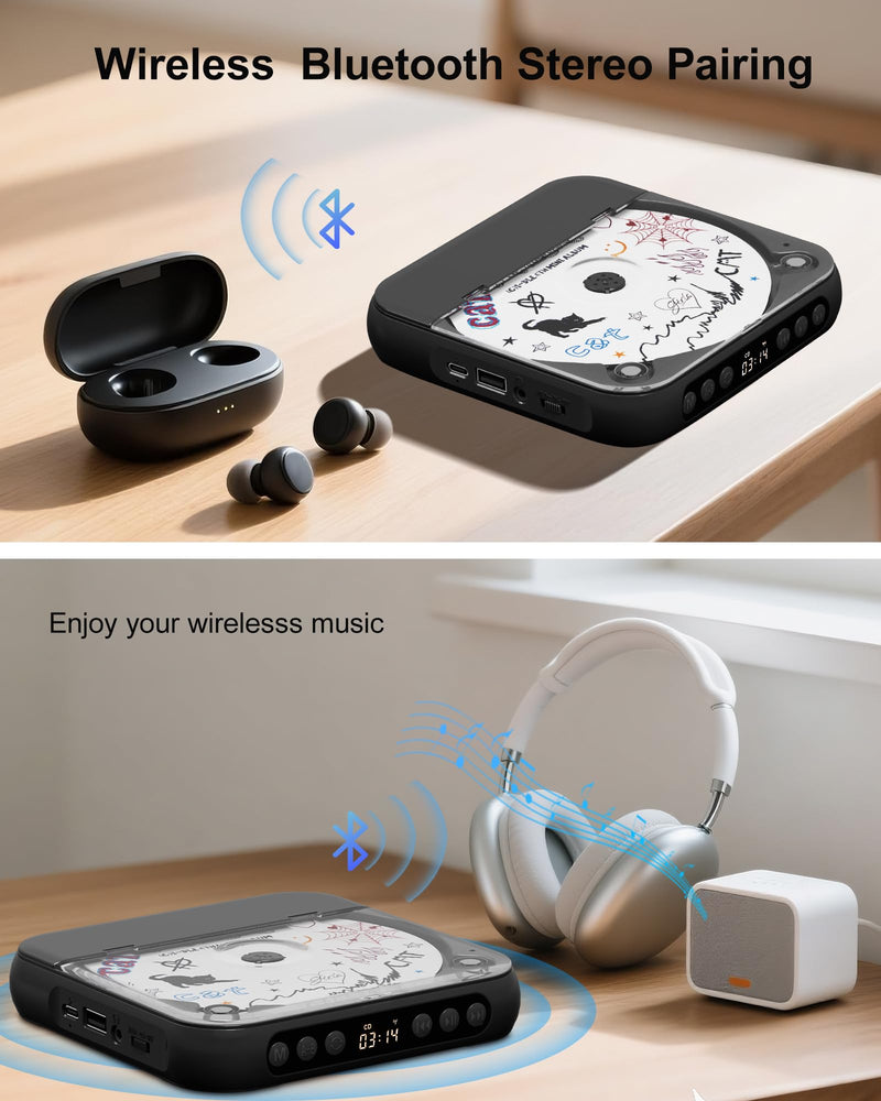 [AUSTRALIA] - ENVYCLOUD CD Player Portable with Dual Stereo Speakers, Rechargeable Portable Player with Bluetooth for Home with Headphones, Support CD/AUX/USB,Black Black 
