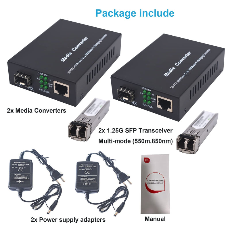Multi-Mode LC Gigabit Fiber Media Converters - Include 2 SFP Transceiver 550M, Wavelength 850nm, LC to UTP Cat5e 10/100/1000 RJ-45 –Gigabit Ethernet Speed, A Set MM 550M 850nm,LC, Dual Core