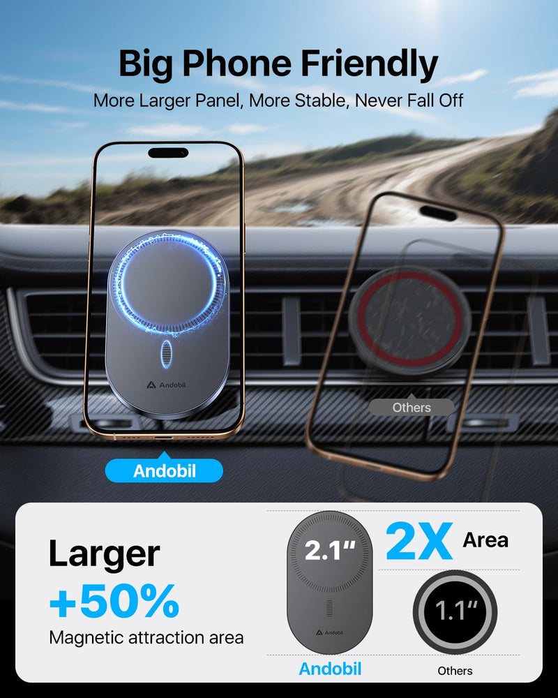 andobil 2026 Upgraded for Magsafe Car Mount [Biggest Panel, Big Phone Friendly] 360° Rotation Magnetic Phone Holder for Car Vent Suitable for iPhone 17/16/15 Pro Max Samsung S25/S24 (Grey) Grey