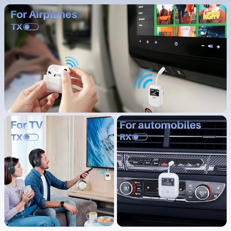 1Mii SafeFly Min+ Bluetooth Transmitter and Receiver,Bluetooth Adapter for Airplane, 2 Devices can be Linked,Use with Any 3.5mm Jack on Airplanes, Gym Equipment, TVs,Old Audio and Auto-2024Upgraded