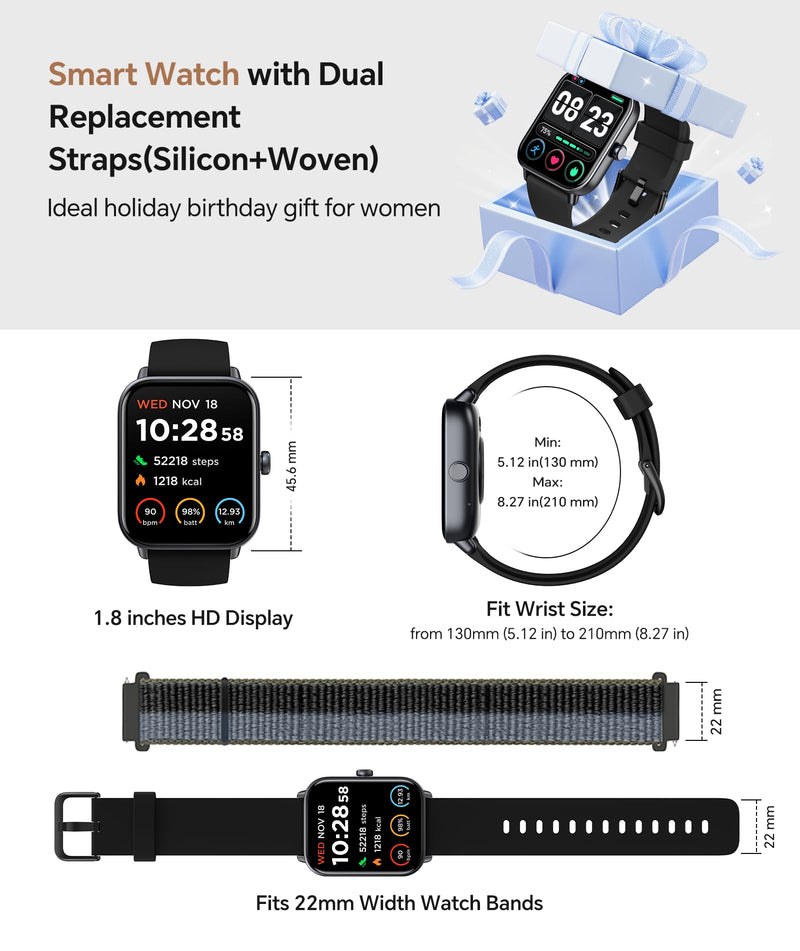 Quican Smart Watches for Women/Men, 2 Bands, Compatible for Android iPhone | 1.8" Fitness Tracker Watches, Alexa Built-in, Waterproof /Bluetooth Calling, Heart Rate/Sleep Monitor, Perfect Smart Gift Black 1.8 Inches