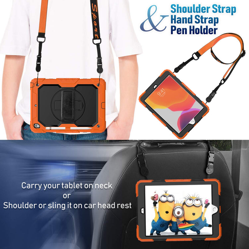 Timecity Case for iPad 9th/ 8th/ 7th Generation 10.2 inch (Case for iPad 9/8/ 7 Gen): with Strong Protection, Screen Protector, Hand/Shoulder Strap, Rotating Stand, Pencil Holder - Orange Black+Orange