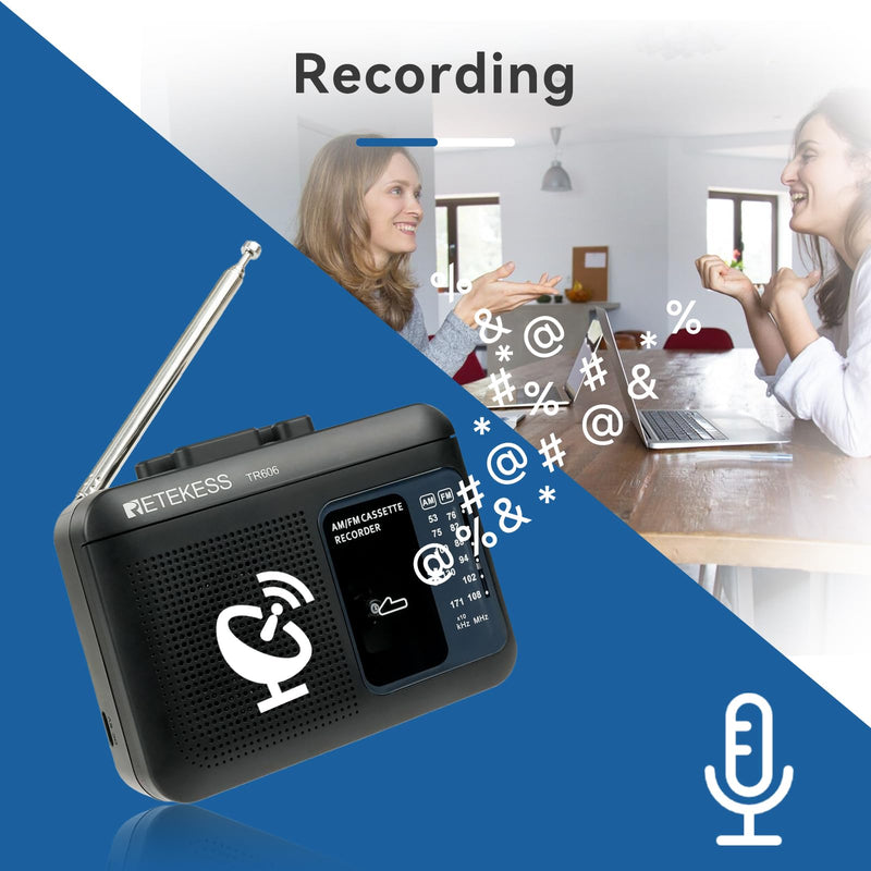 [AUSTRALIA] - Retekess TR606 Tape Recorder Cassette Player, AM FM Cassette Players, Supports Voice/AUX Line in Record, Powered by DC or AA Battery (Black) Black 