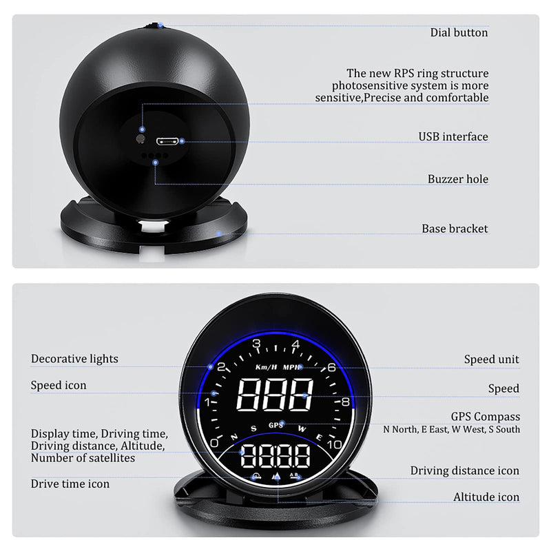 wiiyii Auto GPS Speedometer G6, Car HUD Head Up Display HD Display, Overspeed Alarm for All Vehicle