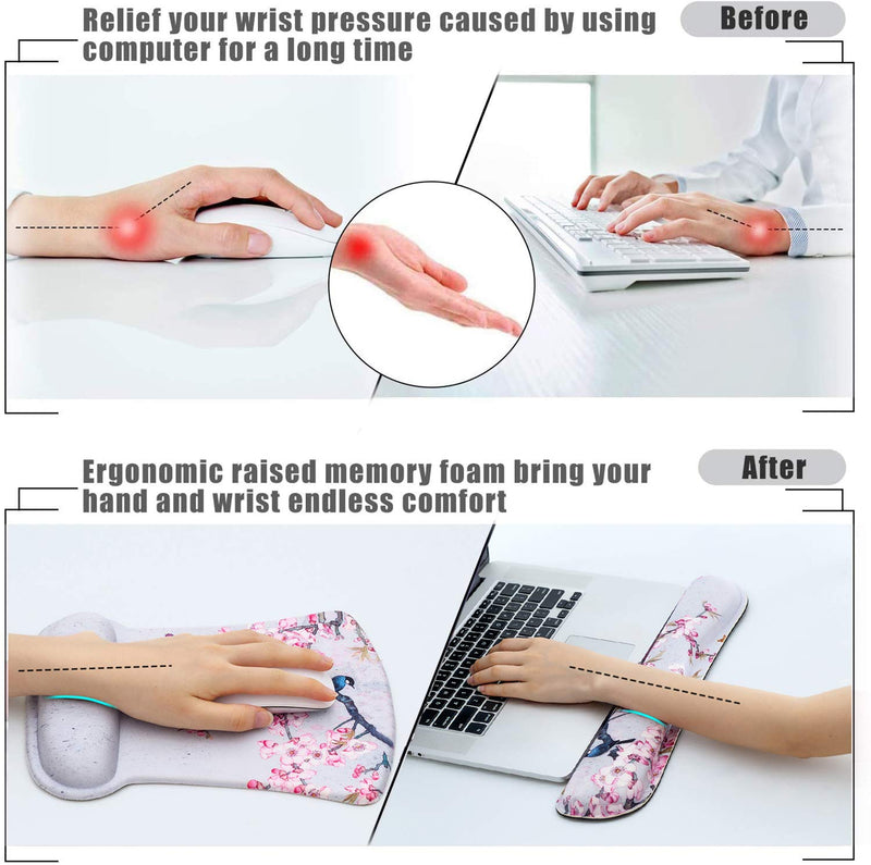 Ergonomic Keyboard Wrist Rest and Mouse Pad Wrist Rest Support Set,Comfortable & Lightweight Memory Foam Computer/Gaming/Office Wrist Set for Easy Typing & Pain Relief by AORTDES(Bird and Pink Flower) Kmwrp-19
