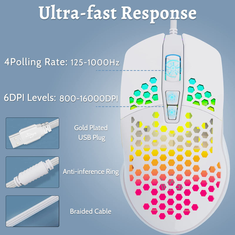 DIERYA Falcon Honeycomb Gaming Mouse, 16000 DPI Optical Sensor, 70g Ultra-Lightweight RGB Backlit Ergonomic Wired Mouse with 7 Buttons Programmable Driver for Windows PC Gamer Designer (White) white