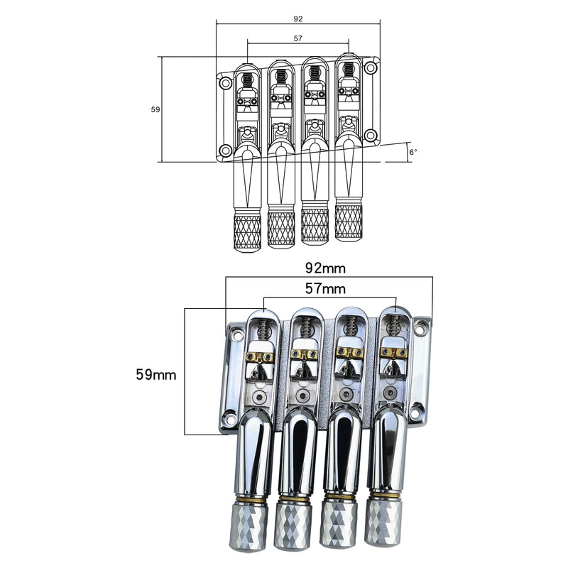 Chrome Headless Electric Bass Bridge 4 String Bass Bridge with Brass Saddles Bass Parts Replacement for 4 String Headless Bass Chrome