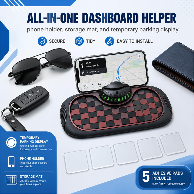 Anti Slip Mat for Car Dashboard,Dash Mat,Multi-Functional Support Anti-Slip Pad,3 in 1 Dashboard Grip Pads for Phones,Support Anti Slip Pad for Phones Sunglasses Keys Gadgets(Black + Brown)