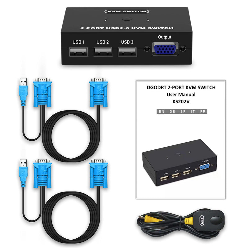 USB VGA KVM Switch for 2 PC Sharing 1 Video Monitor and 3 USB Devices, Keyboard Mouse Scanner Printer, for Laptop PC Windows Mac OS System 2 Port VGA KVM