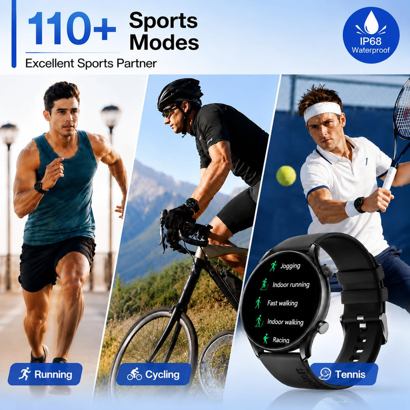 AOLON GTR3 Smart Watch for Men Women, AMOLED Display, Fitness Tracker | Ultra Thin 8.8mm Smartwatch with AMOLED AOD Display, 110+ Sports Modes, Heart Rate Sleep Monitor, IP68 Waterproof Black