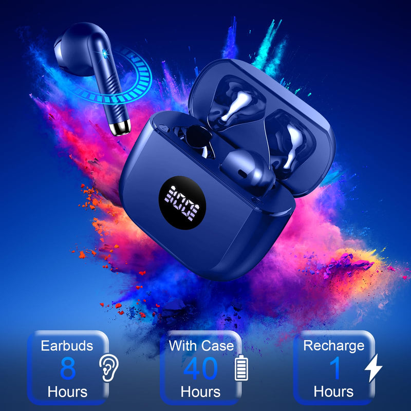 Jxrev J53 2 Pack Dark Blue and Pink Wireless Earbuds, Bluetooth Ear Buds LED Power Display Headphones Bass Stereo, Earbuds in-Ear Noise Cancelling Mic, 40H Playback Mini Case