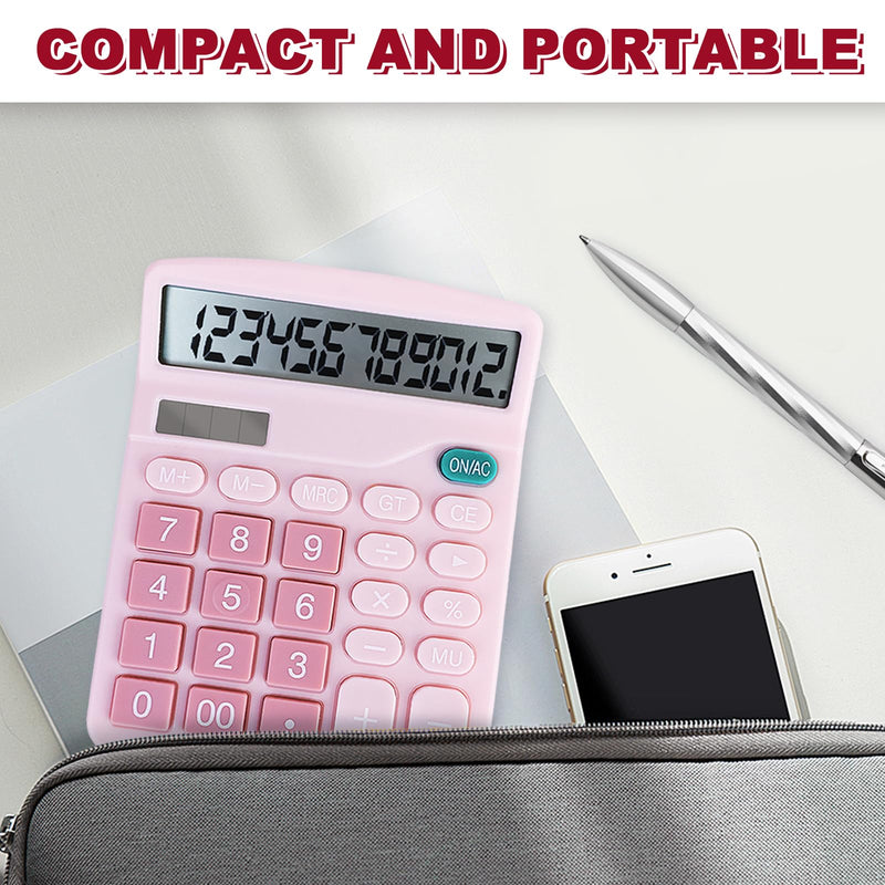 Basic Calculator with Comfortable Large LCD Display, 12 Digits Calculators Desktop, Tilt Screen, Big Button, Desk Calculator with Dual Power (Solar & Battery Included) (Pink) Pink