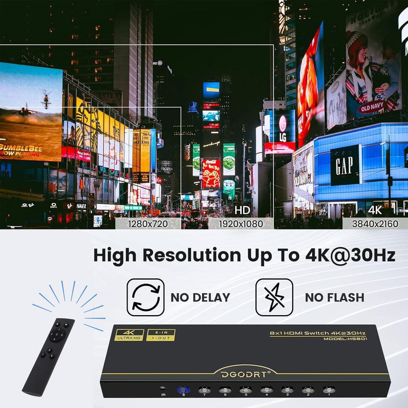 [AUSTRALIA] - DGODRT 8×1 HDMI Switch 8 in 1 Out, 8 Port 4K HDMI Switcher Selector Box with IR Remote Control, Support 4K@30Hz Ultra HDR HDCP 3D 1080P for Xbox PS4 PC Laptop 4K@30Hz/8 in 1 Out 