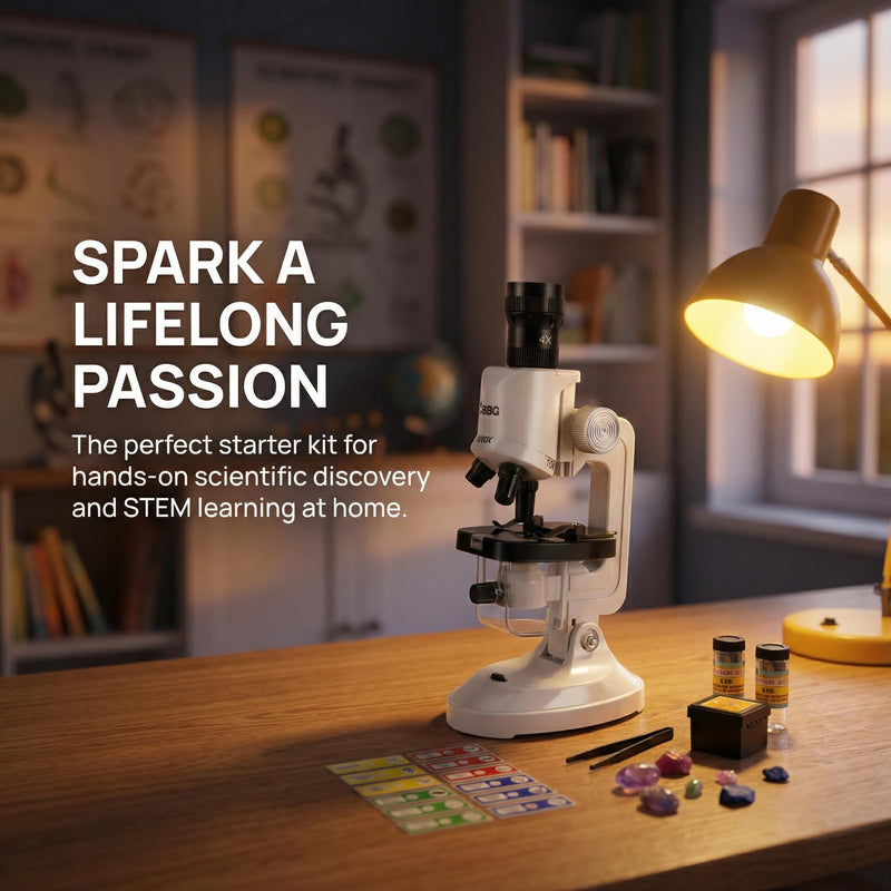 [AUSTRALIA] - Kids Microscope Kit with LED Light - 100X/400X/1200X Magnification for STEM Learning, 12 Prepared Slides, Easy-to-Use Science Learning Kit (Ages 5-12) - White 