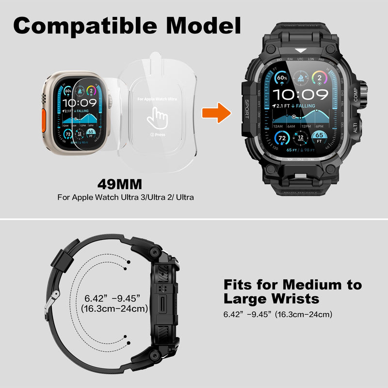 Rugged Case with Tactical TPU Band for Apple Watch Ultra 3/2/1 49mm for Men | Military-Grade Shockproof,Full Body Armor,Drop & Bump & Stain Resistant,Dustproof,Outdoor Sports Design,HD Screen Protector Matte Black