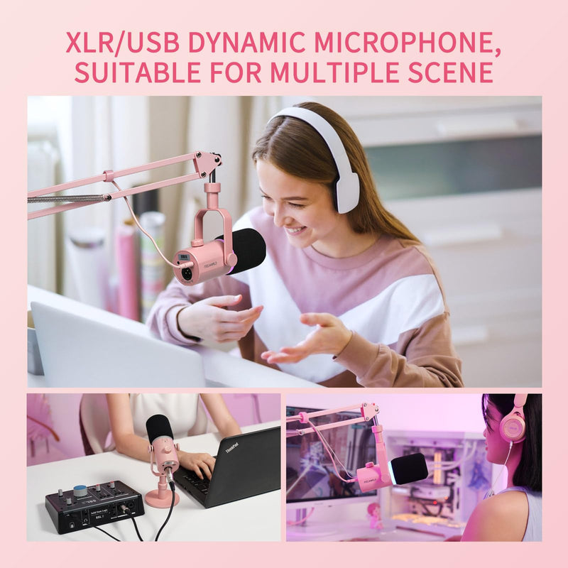 FEELWORLD PM1 XLR USB Dynamic Microphone Gifts for Podcast Recording PC Computer Gaming Live Streaming Vocal Voice-Over, Studio Metal Mic with RGB Light, Mute Button, Headphones Jack (Pink) Pink