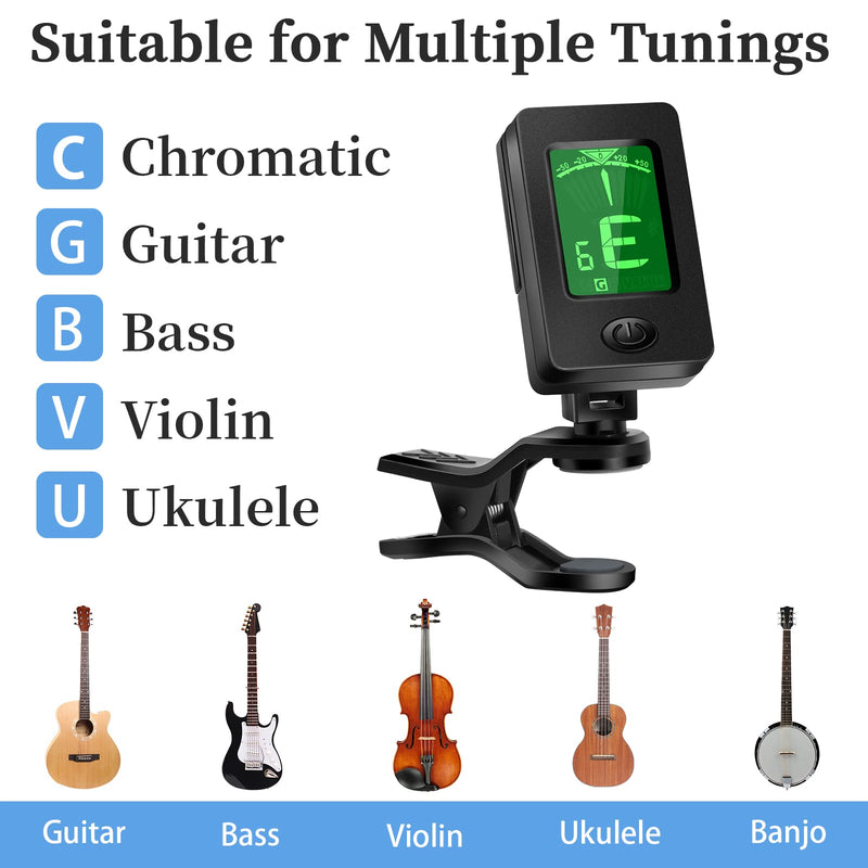 Guitar Tuner, Guitar Accessories with Guitar Picks, Guitar Capo, Capo for Acoustic Guitar, Bass, Buzzing-Free, Quick Release, Guitar Tuner Clip on for Guitar, Violin, Bass, Ukulele Chromatic Black