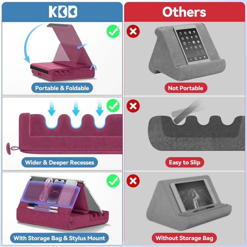 KDD Tablet Pillow Holder, Foldable iPad Stand for Lap, Bed and Desk -Tablet Soft Pad Dock with Pocket & Stylus Mount Compatible with iPad Pro 12.9, 10.5, 9.7 Air Mini 6 5 4 3, Galaxy Tab, E-Reader Purple