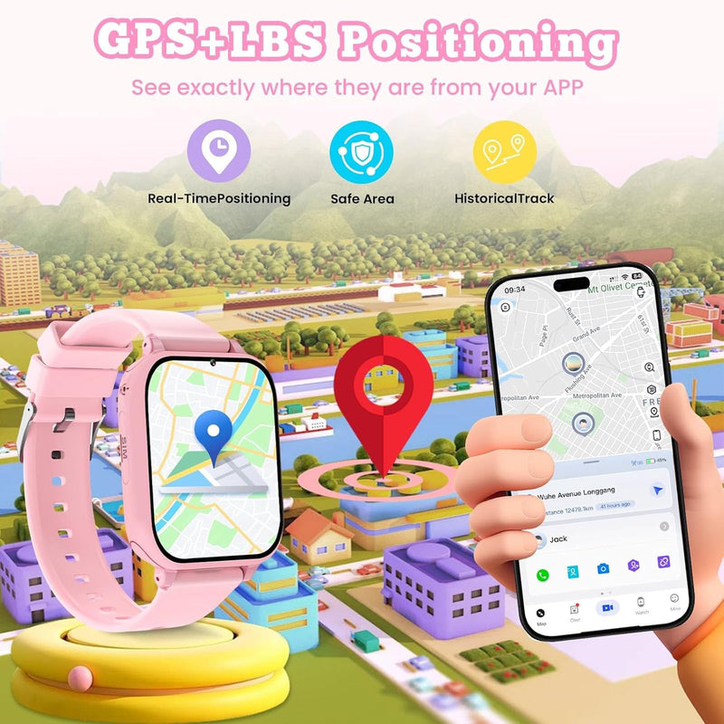 4G Kids Smart Watch for Boys Girls GPS Tracker, Children Watches Phone Call | Smartwatch Phone Gifts for Teens Toddler Ages 4-12 Years with SIM Card Video & Voice Call SOS, Parental APP, Class Mode Light Pink