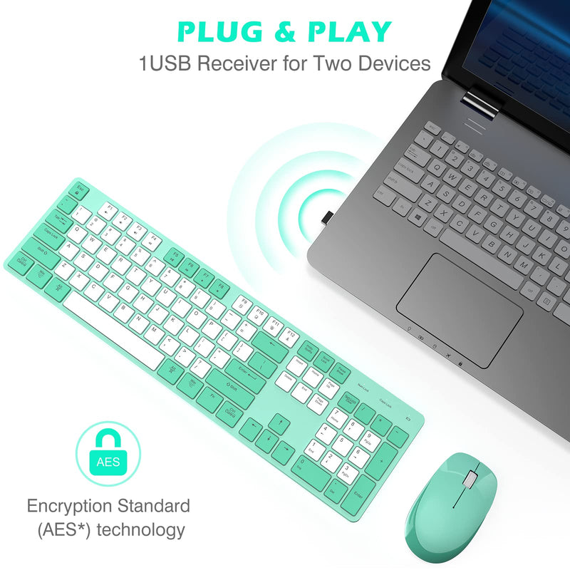 POWZAN Wireless Keyboard and Mouse, Ultra Slim Compact Full Size Wireless Keyboard and Mouse Combo 2.4G Ultra-Thin Sleek Design for Windows, Mac, Computer, Desktop, PC, Notebook - (Green White) Green White