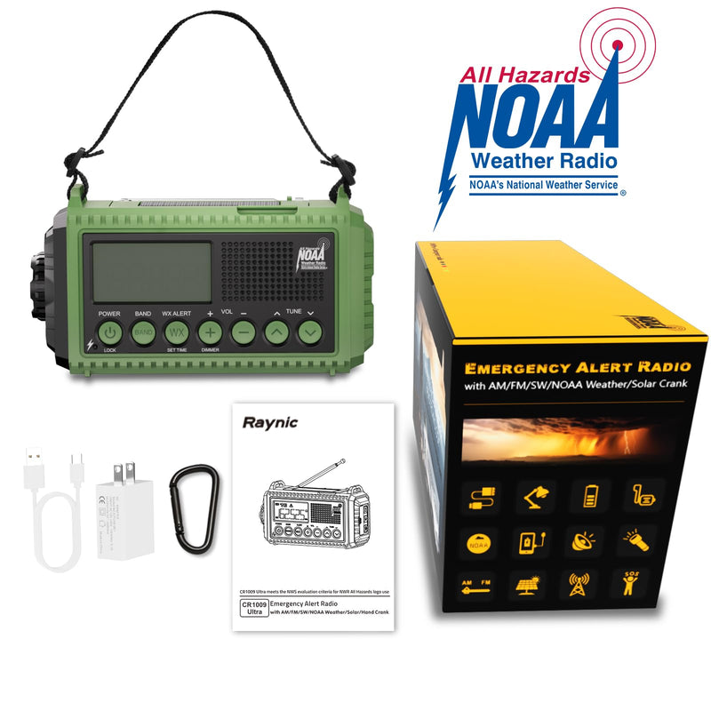 [AUSTRALIA] - Raynic Emergency Radio, 12000mAh/44400mWh Battery Operated Weather Radio, Solar Hand Crank Radio with AM/FM/SW/NOAA Alert, Cell Phone Charger, Type-C Charging, Flashlight and SOS Siren Olive-Green-LCD Display 