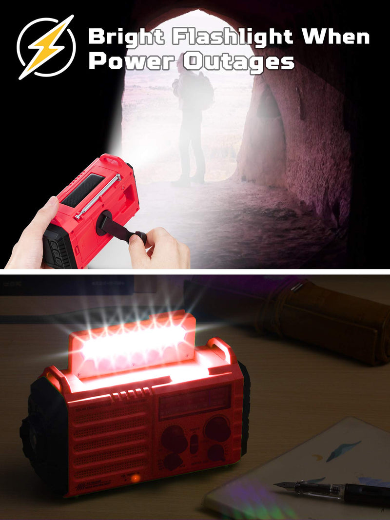 5000mAh Weather Alert Radio, AM/FM/SW/NOAA Radio, Solar Hand Crank Portable Survival Emergency Radio,Rechargeable Battery Power Bank USB Cellphone Charger,Camping Flashlight Lantern,SOS Alarm,Compass Red