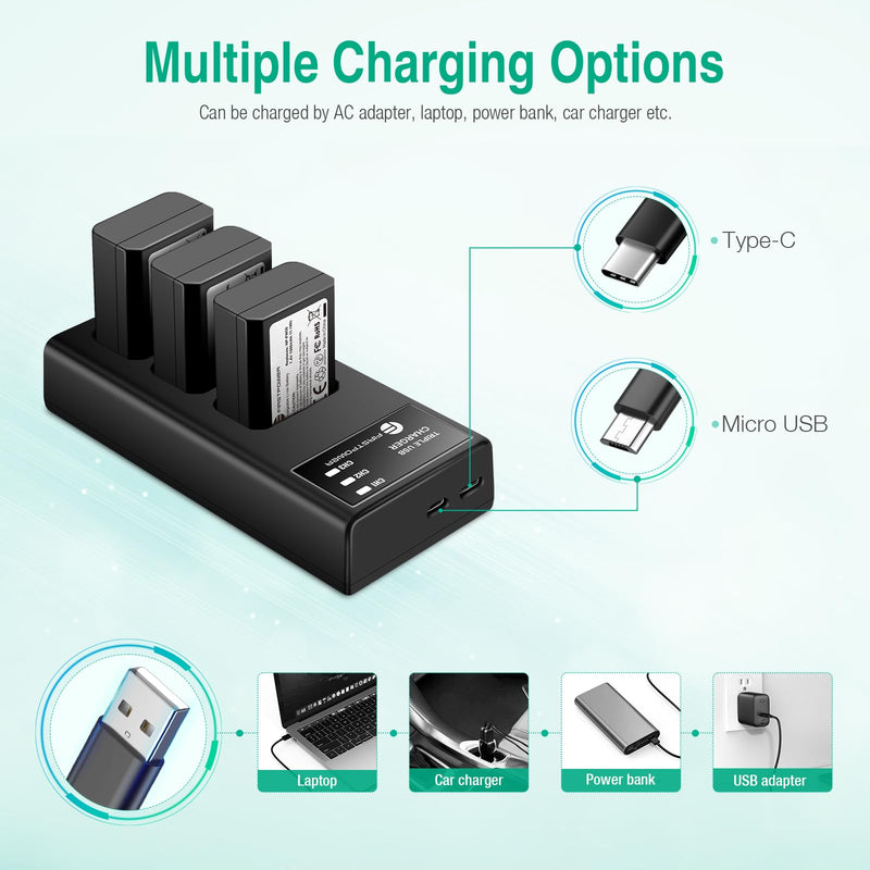 FirstPower NP-FW50 Battery 3-Pack and Triple Slot Charger for Sony Alpha A6000 A6300 A6400 A6500 A7 A7II A7RII A7SII A7S A7S2 A7R A7R2 A5100 A5000 RX10 RX10II ZV-E10