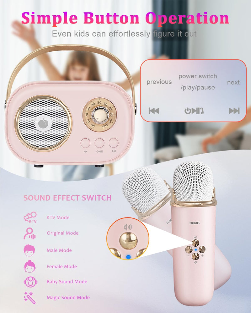 PRUNUS Mini Karaoke Machine for Kids&Adults,Portable Bluetooth Speaker with 2 Wireless Microphones and Stereo Sound Enhanced Bass,Toys for Girl 6 7 8 9 10 11 12 Years Old Home Party Birthday-Pink Pink-2 Mic