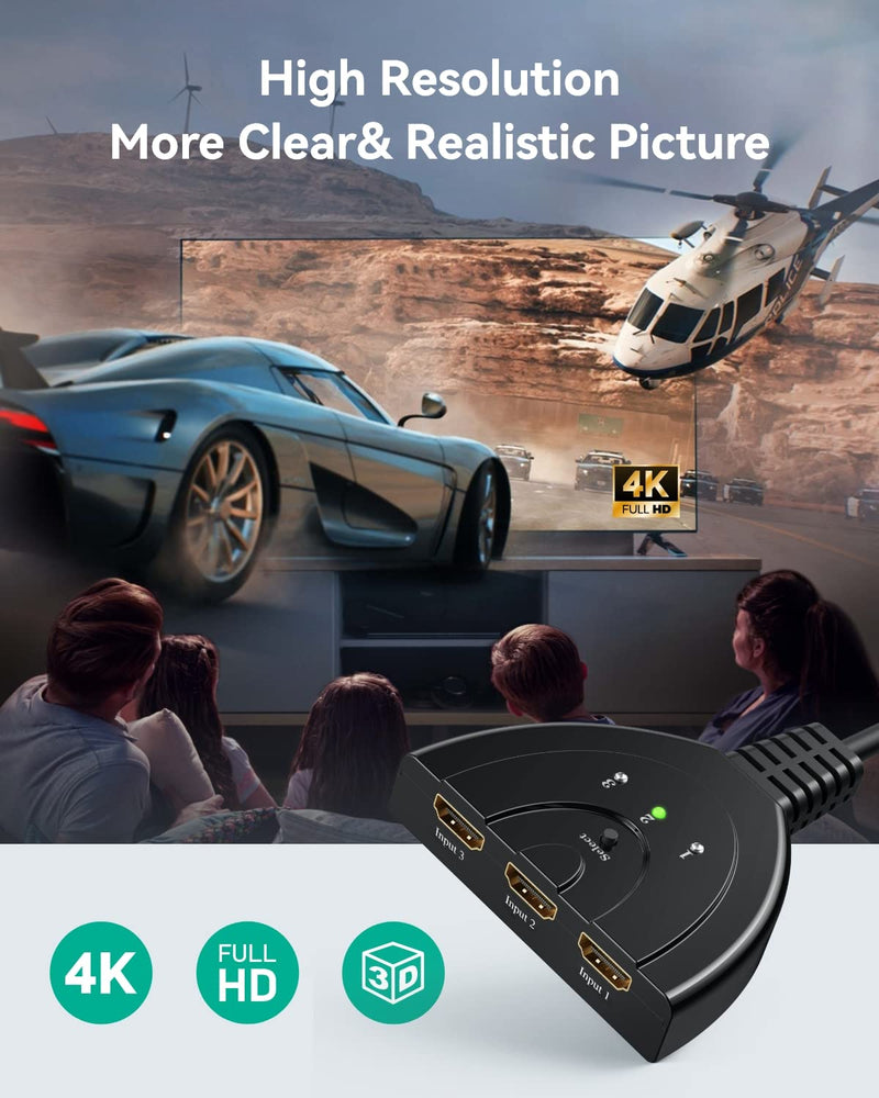 HDMI Switch 4K, VILCOME 3 Port HDMI Switcher 3x1 HDMI Splitter Hub 3 in 1 Out with Pigtail Cable Supports 4K 3D HD 1080P for Xbox PS4 Roku HDTV 1.25FT Cable