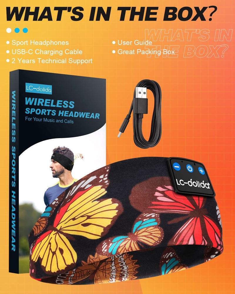 [AUSTRALIA] - LC-dolida Sleep Headphones Headband Bluetooth 5.4, Headband Earphones Wireless with USB C Charge Port, Sleep Mask for Sleeping, Sports, Gifts, Workout, Jogging, Yoga, Insomnia, Air Travel, Meditation Artistic Butterfly 