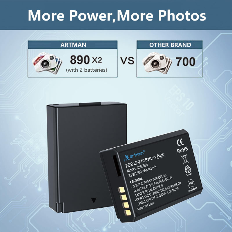 [AUSTRALIA] - Artman LP-E10 Battery and USB Dual Battery Charger for Canon EOS Rebel T7 T6 T5 T3 T100, Kiss X50 Kiss X70 EOS 1100D/1200D/1300D/2000D Digital Cameras(2-Pack 1600mAh) 
