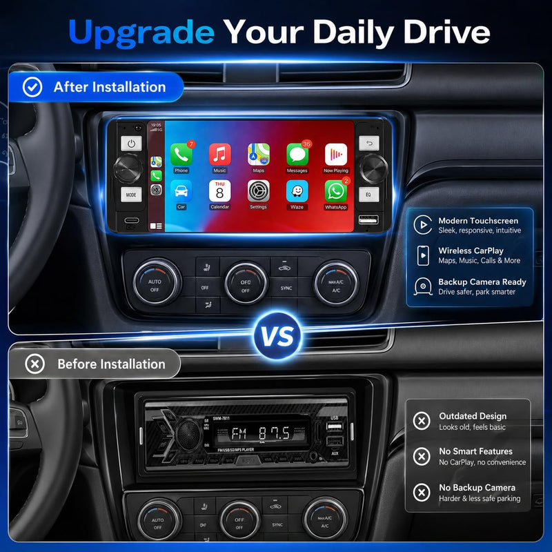 Single Din Car Stereo - Car Radio with Wireless Apple CarPlay Android Auto,HD Touchscreen Radio with Bluetooth 5.2，1080P Backup Camera, Mirror Link,GPS, FM, USB/Type-C Fast Charging, EQ, SWC