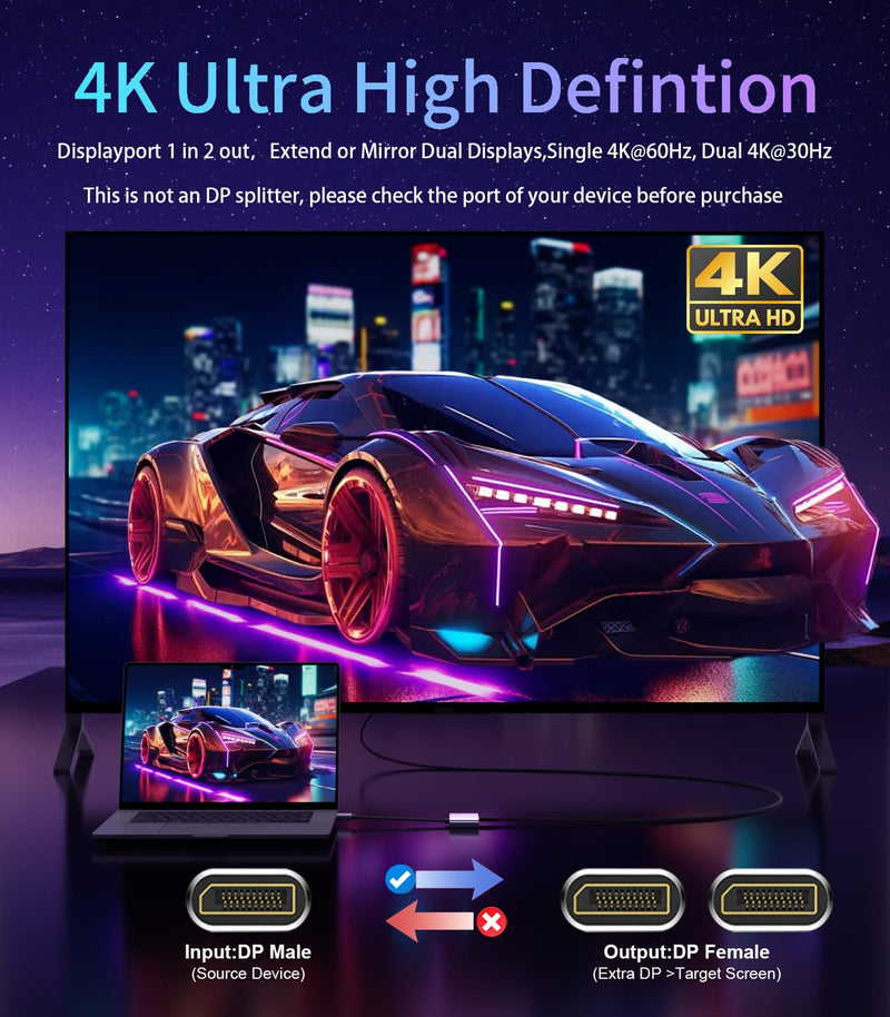 Reborn DisplayPort to Dual DisplayPort Splitter 4K@60Hz Display Port Splitter 1 in 2 Out for Dual Monitor Extended Display DP Source to 2 DP Adapter with PC, Graphics Card, Lenovo, HP and More MST-DP to Dual DP Adapter