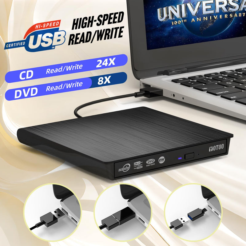 [AUSTRALIA] - YOTUO External CD/DVD Drive, Portable USB 3.0 & USB-C CD RW Drive, DVD Player, DVD Burner for Laptop, Desktop, Compatible with Windows 7/8/10/11, Mac, MacBook Pro/Air, Linux (IDD029-2) 2-in-1 Detachable 