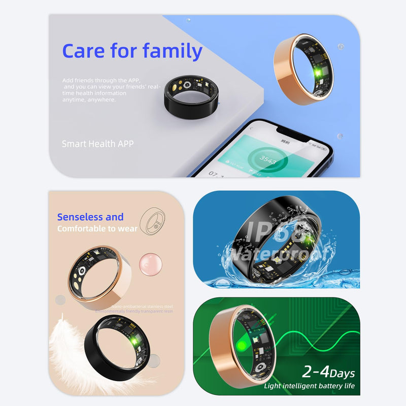 Smart Health Ring for Women Men Fitness Tracke IP68 Waterproof Fitness Ring with Heart Rate/Blood Pressure/Blood Oxygen/Sleep Tracker/Step/Calories for iOS and Android,No Subscription Fee,Gold 12