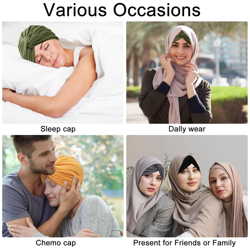 [AUSTRALIA] - XEPST 4 Pieces Turbans for Women, Soft Pre Tied Knot Turban Head Wraps Chemo Headwear Pleated Beanie Cap Sleep Hat One Size Black, Grey, Yellow, Green 