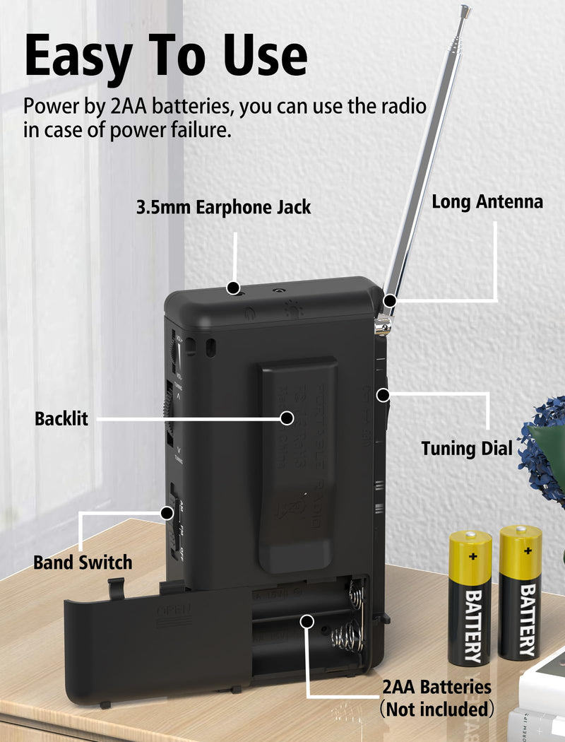 Portable Radio AM FM,Battery Operated Radio with 3W Large Speaker,Transistor radios with Best Reception,Pocket Radio with Back Clip,Flashlight,3.5mm Earphone Jack,Tuning Light,Gift for Elder Black