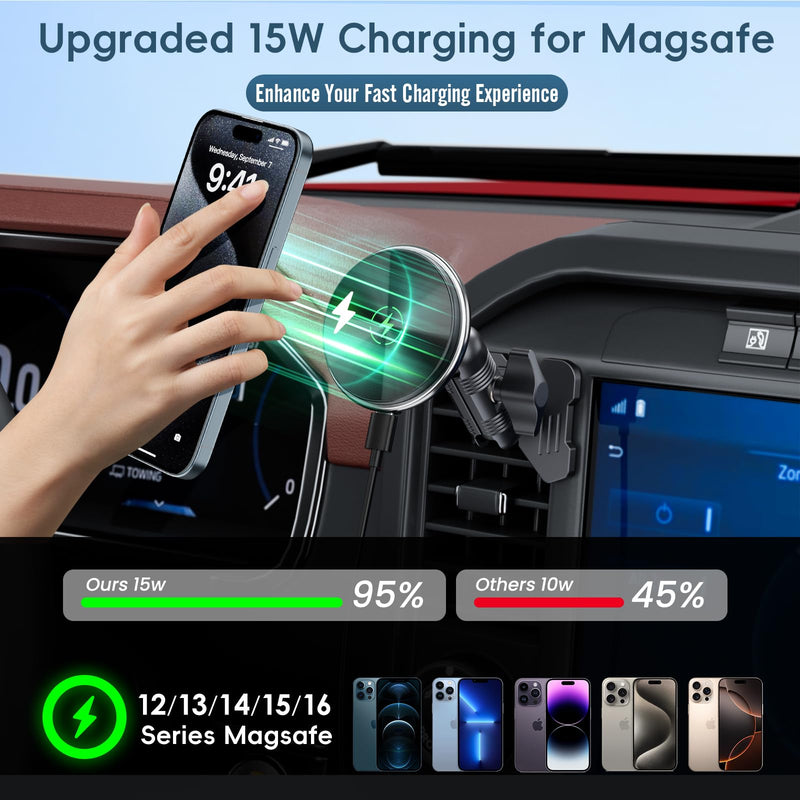 Kaishengyuan Car Vent Wireless Charger Phone Mount for 2021-2026 Ford F-150 | 2023-2026 Super Duty F250/F350/F450 | 15W Fast Charge| | 20 Metal Magnets| Non-BlockVent| 1-Min Install| Magsafe Smartphones Charging-Magnetic