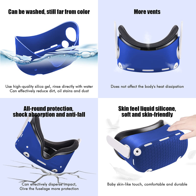 Compatible with Oculus Quest 2 Accessories, VR Silicone face Cover, VR Shell Cover,Compatible with Quest 2 Touch Controller Grip Cover,Protective Lens Cover,Disposable Eye Cover Blue