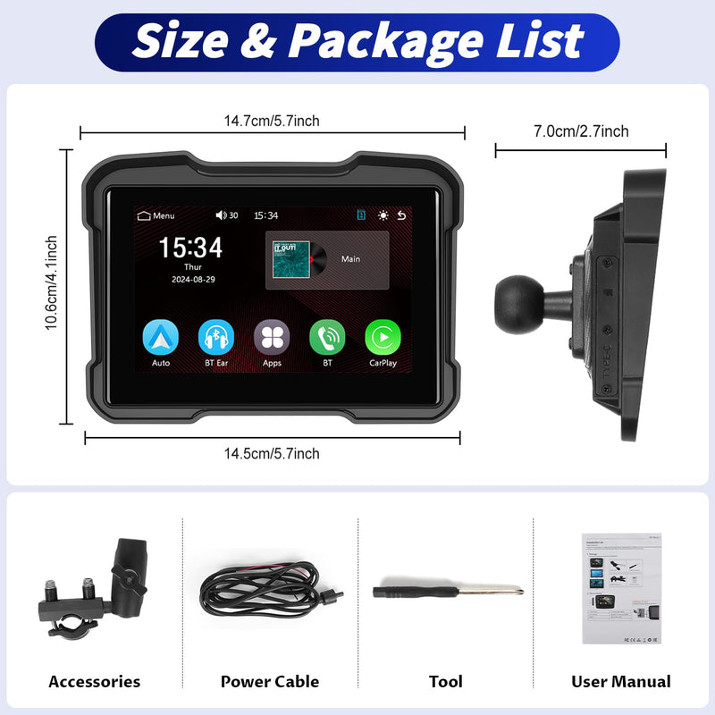 5 Inch IPS Waterproof Portable Motorcycle CarPlay Screen with Wireless CarPlay&Android Auto,GPS Navigation,Bluetooth,EQ,TF Port,Voice Control,IP67 Waterproof 5 inch with Carplay